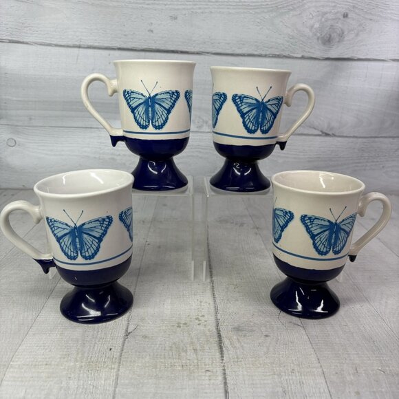 Vintage BUTTERFLY Cobalt Blue White Pedestal Ceramic 10oz Irish Coffee Mug Set 4 - Picture 2 of 16